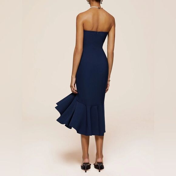 NWT women’s FEHAUTE Dark Blue 3d Floral Strapless Mermaid Midi Dress SZ large - Picture 2 of 11